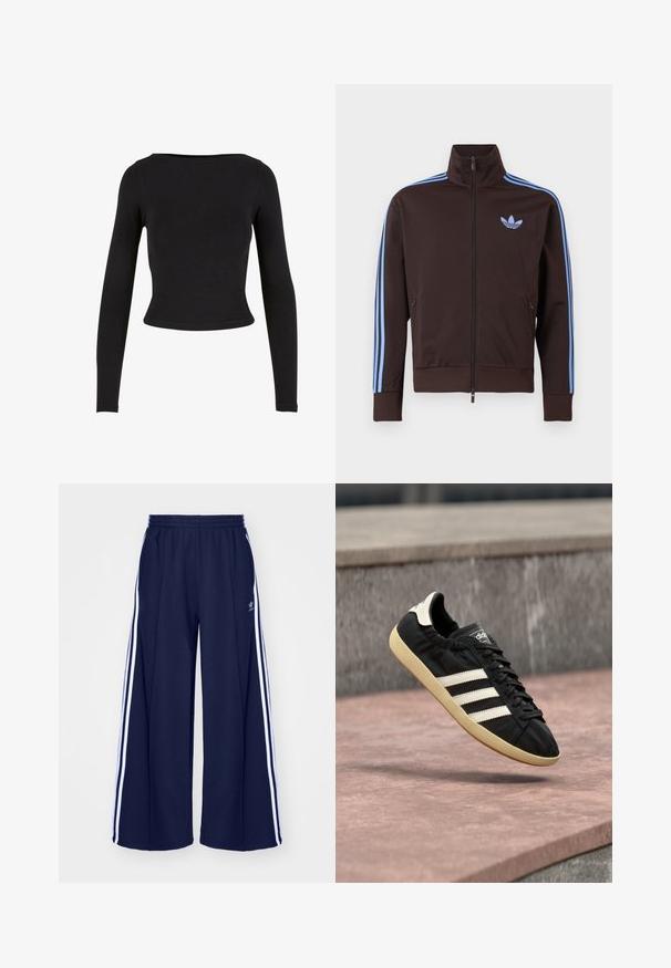 Chaqueta deportiva marrón con cremallera, con rayas azul claro de Adidas en las mangas y el logo de trébol en el pecho, cuello alto y bolsillos laterales con cremallera.; Top corto negro de manga larga hecho de una tela suave y elástica, con un diseño sencillo y ajustado y un escote amplio. Sin patrones ni adornos.; adidas Originals PANT - Pantalones deportivos - night indigo; Zapatilla negra Adidas con rayas blancas y suela beige, capturada en el aire sobre una superficie de piedra y con fondo de muro de piedra.