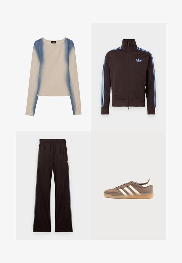 Chaqueta deportiva marrón con cremallera, con rayas azul claro de Adidas en las mangas y el logo de trébol en el pecho, cuello alto y bolsillos laterales con cremallera.; Camiseta de manga larga en color beige claro, con un diseño en degradado azul. Textura suave, con cuello redondo y línea de dobladillo recta.; Pantalones de chándal negros de pierna ancha con franjas laterales azul claro, cintura elástica, bolsillos con cremallera y logo de Adidas en la cadera izquierda.; Zapatilla Adidas de ante marrón con rayas blancas y suela de goma, vista desde el lado exterior sobre un fondo liso claro.