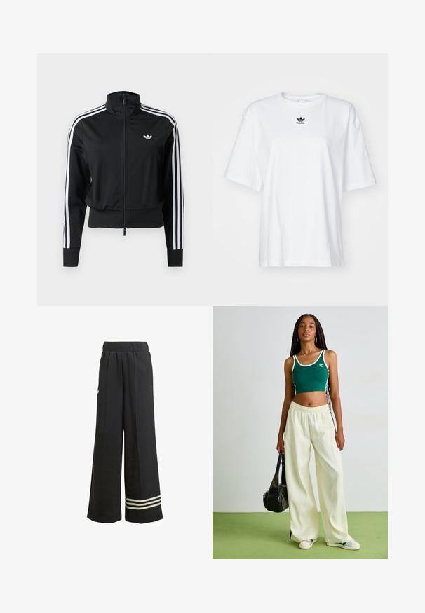 Čierna športová bunda na zips s bielymi tromi pásikmi na rukávoch a malým bielym logom Adidas na ľavej strane hrudníka.; Biele tričko s krátkym rukávom vyrobené z bavlny. Má okrúhly výstrih a malé čierne logo Adidas na hrudi. Priamy strih spodného lemu.; Čierne široké teplákové nohavice s priliehavým pásom, s bielymi prúžkovými akcentmi na leme a bočnými vreckami. Vyrobené z mäkkej tkaniny.; Zelený skrátený top bez rukávov s bielym lemovaním, skombinovaný s širokými krémovými nohavicami. Model drží malú čiernu tašku. Jednoduché tenisky.