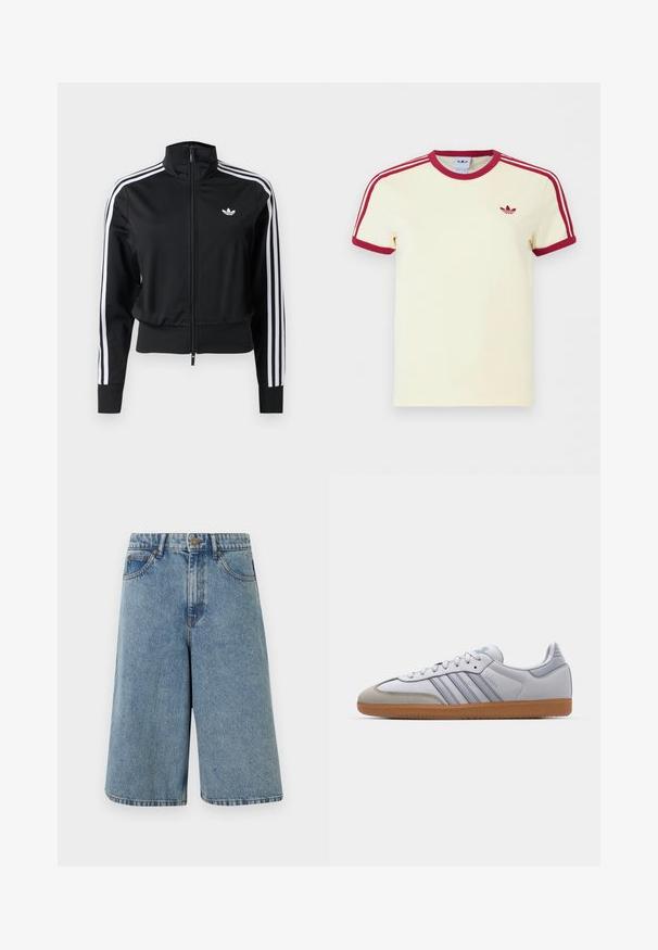 Chaqueta deportiva negra con cremallera, con detalles de tres rayas blancas en las mangas y pequeño logo blanco de Adidas en el pecho izquierdo.; Camiseta Adidas de manga corta color crema con cuello y puños de manga acanalados en rojo, tres rayas rojas en los hombros y logo trefoil de Adidas en rojo en el pecho.; Shorts vaqueros azul claro hasta la rodilla con bolsillos delanteros, trabillas para cinturón y cierre de botón.; Zapatillas de cuero blanco con acentos en azul claro, puntera de ante gris y suela de goma marrón. Presentan tres rayas azules y la marca "Samba".