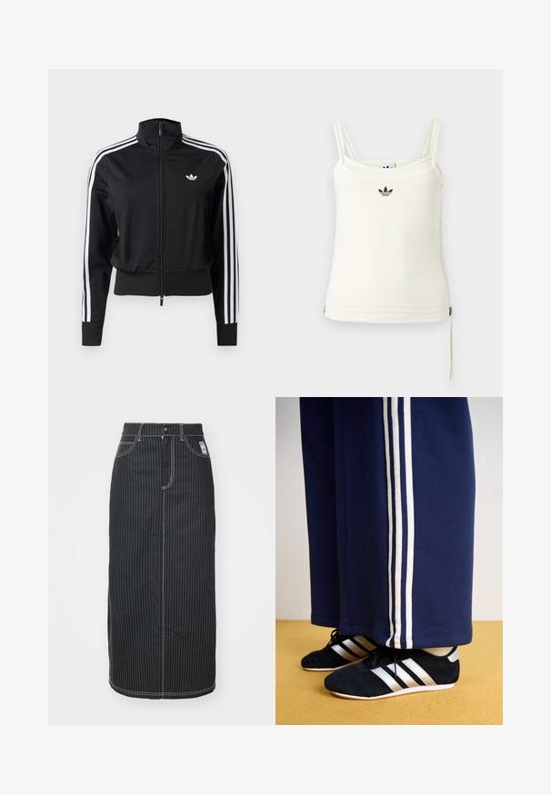 Mustast lukuga dressipluus, millel valged kolm triipu varruka peal ja väike valge Adidas logo vasakul rinnal.; Kreemikas sangadega top, seljal õhukesed rihmad; Adidas'i logo mustana rinnal. Sile kangas, alumises servas nöördetail. Lihtne disain.; Mustmust värvi midi seelik valgete vertikaalsete triipudega. Omab nupukujulist vööd, kahte esikotti ja kontrastset õmblust. Sirge lõikega disain.; Tumesinised spordipüksid kolme valge vertikaalse triibuga ja mustad športlikud kingad hõbedaste triipudega ning tekstuuriga pinnaga. Kollane põrand.