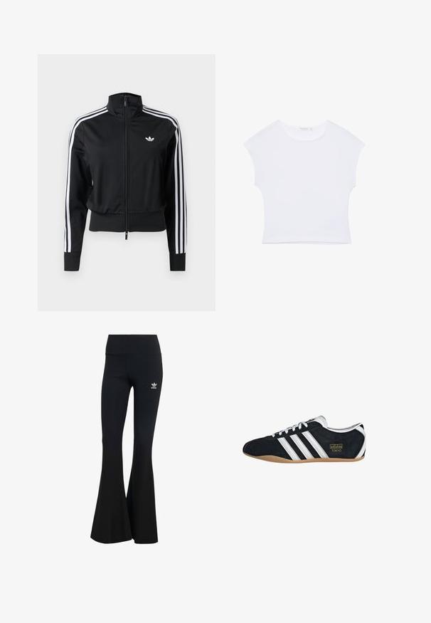 Čierna športová bunda na zips s bielymi tromi pásikmi na rukávoch a malým bielym logom Adidas na ľavej strane hrudníka.; Biele krátke tričko s krátkym rukávom a okrúhlym výstrihom, vyrobené z hladkej látky, položené na bielom pozadí.; Čierne rebrované legíny s rozšírenými nohavicami a širokým pásom, s malým bielym logom Adidas na hornej ľavej strane. Mäkkučký textilný materiál.; Čierne semišové tenisky s bielymi tromi pruhmi, zlatým logom a hnedou gumovou podrážkou. Disponujú nízkym šnurovacím dizajnom.