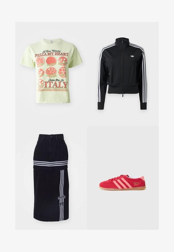Mustast lukuga dressipluus, millel valged kolm triipu varruka peal ja väike valge Adidas logo vasakul rinnal.; Heledale lühikeste varrukatega t-särk, millel on punased pitsa graafikud ja tekst. Näitab erinevaid pitsatüüpe ja slogani "Viige mind ITAALIASSE". Puuvillane materjal.; Musta denimsinine seelik kõrge vöökohaga, millel on kaks valget horisontaalset triipu, Adidas logo silt külje peal ja sirge lõikega disain.; Punane seemisnahast toss koos roosade triipude, kummisest pruunika tallaga ja kuldsete logode detailidega. Omab ümarat ninaosa ja paeltega kinnitamist.