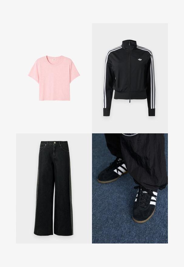 Schwarze Trainingsjacke mit Reißverschluss, weißen drei Streifen an den Ärmeln und kleinem weißem Adidas-Logo auf der linken Brust.; Rosa T-Shirt mit kurzen Ärmeln, aus weichem Stoff gefertigt, mit Rundhalsausschnitt und lockerer Passform sowie einer dezenten melierten Textur.; Schwarze Denim-Jeans mit weitem Bein, seitlichen Streifen, vorderen Taschen, Gürtelschlaufen und einem Metallknopfverschluss an der Taille.; Schwarze Wildleder-Sportschuhe mit drei weißen Streifen und schwarzen Schnürsenkeln. Eine strukturierte schwarze Hose ist teilweise neben den Schuhen sichtbar.