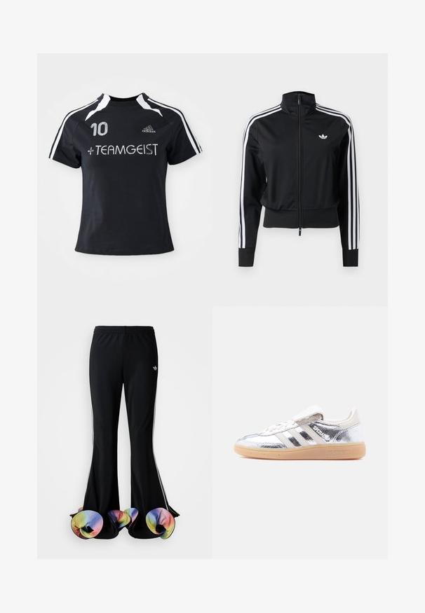 Mustast lukuga dressipluus, millel valged kolm triipu varruka peal ja väike valge Adidas logo vasakul rinnal.; Must must sleevesega jersy, millel on valged triibud, esiküljel on broderitud number "10" ja "+ TEAMGEIST". Valmistatud pehmest ja hingavast materjalist.; Mustad mustad spordipüksid laia flare-disainiga. Omavad värvilisi, ripsmetega alumisi servi ja valgeid külgtriibe. Valmistatud venivast kangast.; Hõbedane metallikvärvi Adidas Spezial toss vasakult poolt vaadatuna, valgete triipude ja kummist tallaga, ühtlase valge taustaga.