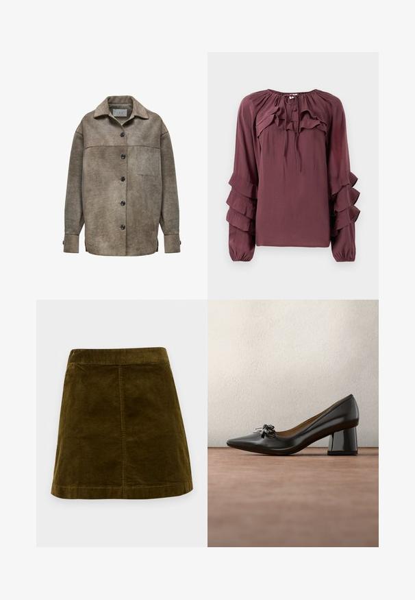 Brun langærmet jakke i ruskind med knapper, krave, enkelt brystlomme og knapped manchet.; Bordeauxbluse med lange ærmer, prydet med lagdelte flæsedetaljer og en indsamlet halsudskæring. Fremstillet af letvægtsstof med en let tekstureret overflade.; Brun kordfløjl mini skirt med lodrette ribber, lige snit og en ren kant. Har en simpel talje uden udsmykninger.; Sort læder stilet med spids tå og blokhæl samt lille dekorativ sløjfe på grå gulv med mørkegrøn væg i baggrunden.