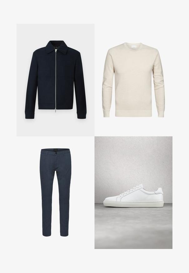 Chaqueta de lana para hombre en azul marino con cremallera frontal, cuello puntiagudo, mangas largas y bolsillos laterales sobre un fondo blanco.; Suéter crewneck de color beige claro en tejido texturizado, con mangas largas y puños y dobladillo acanalados. Diseño simple y minimalista.; Pantalones ajustados de color azul oscuro, confeccionados en tela, con cierre de botón, bolsillos delanteros y un diseño entallado. Textura suave con un ligero brillo.; Zapatilla blanca con parte superior de cuero liso y perfil bajo. Presenta una puntera redondeada, seis ojales y una suela de goma texturizada.