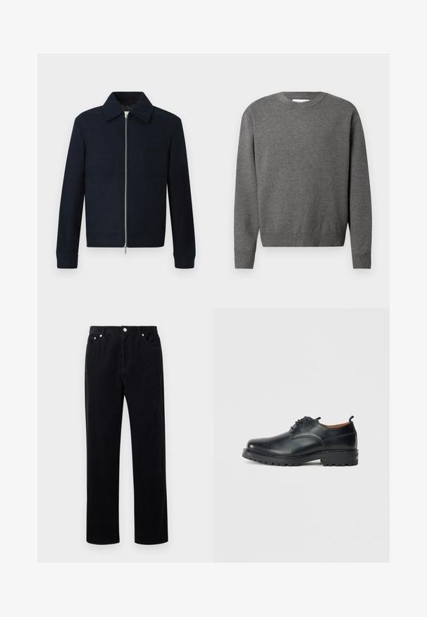 Marineblå herres uljakke med frontlynlås, spids krave, lange ærmer og sidelommer på hvid baggrund.; Grå crewneck sweater lavet af blødt strikket stof. Har lange ærmer og ribbede manchetter og kant. Minimalistisk design uden synlige logoer.; Sorte fløjl bukser med lige ben-design, der har en knap- og lynlåslukning, fem lommer og et blødt, tekstureret stof.; Sorte læder derby-sko med en glat overflade, rund tå, snøre-design og en tyk, robust gummisål.