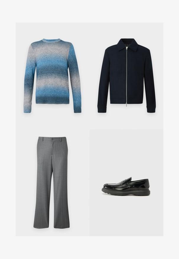 Veste en laine pour homme de couleur bleu marine avec fermeture éclair sur le devant, col pointu, manches longues et poches latérales sur fond blanc.; Pull en dégradé bleu en matériau doux, avec un col rond, des manches longues et un ourlet côtelé. Les couleurs varient du bleu clair au bleu foncé.; Pantalons gris à rayures fines avec une coupe décontractée, dotés d'une fermeture à bouton, de passants de ceinture et de subtiles rayures bleu clair tout au long.; Mocassin en cuir noir avec une finition brillante, bout arrondi, détails de couture subtils et semelle en caoutchouc épaisse pour la durabilité.