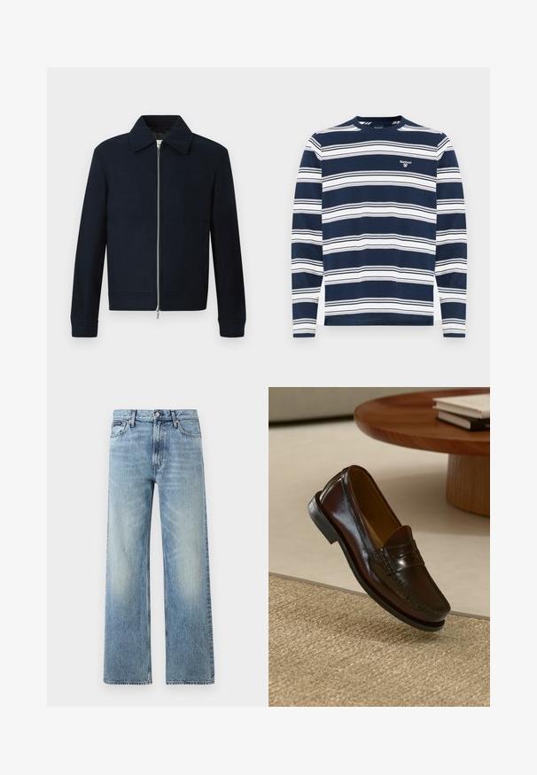 Marineblauwe wollen herenjack met rits aan de voorkant, puntige kraag, lange mouwen en zijzakken op een witte achtergrond.; Marineblauw shirt met lange mouwen, horizontale witte strepen, ronde halslijn, geribbelde manchetten en een klein geborduurd logo op de borst.; Lichtblauwe denim jeans met rechte pijpen, een hoge taille, vijf zakken, knoopsluiting en subtiele vervaging op de dijen en knieën.; Bruine leren instappers met een glanzende afwerking, voorzien van een gestikt detail aan de voorkant en een low-profile zwarte rubberen zool.