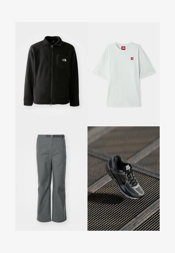 Musta fleece-takki, jossa on vetoketju edessä, korkea kaulus, elastiset hihansuut ja rinnassa logoa esittävä tasku. Pehmeä rakenne, rento muotoilu.; Vihreä lyhythihainen t-paita pehmeästä puuvillasta, jossa on pieni punainen logotagi vasemmassa rintakehässä. Rentoa istuvuutta ja pyöreä kaula-aukko.; Harmaat ulkoiluhousut, jotka on valmistettu kestävästä kankaasta. Housuissa on suora lahje, säädettävä vyö ja saumarakenne, joka lisää rakennetta.; Nike Vomero 5 lenkkari sisältää harmaan verkko- ja synteettipinnan, mustia yksityiskohtia, pehmustetun varren ja pehmustetun pohjan mukavuutta varten.