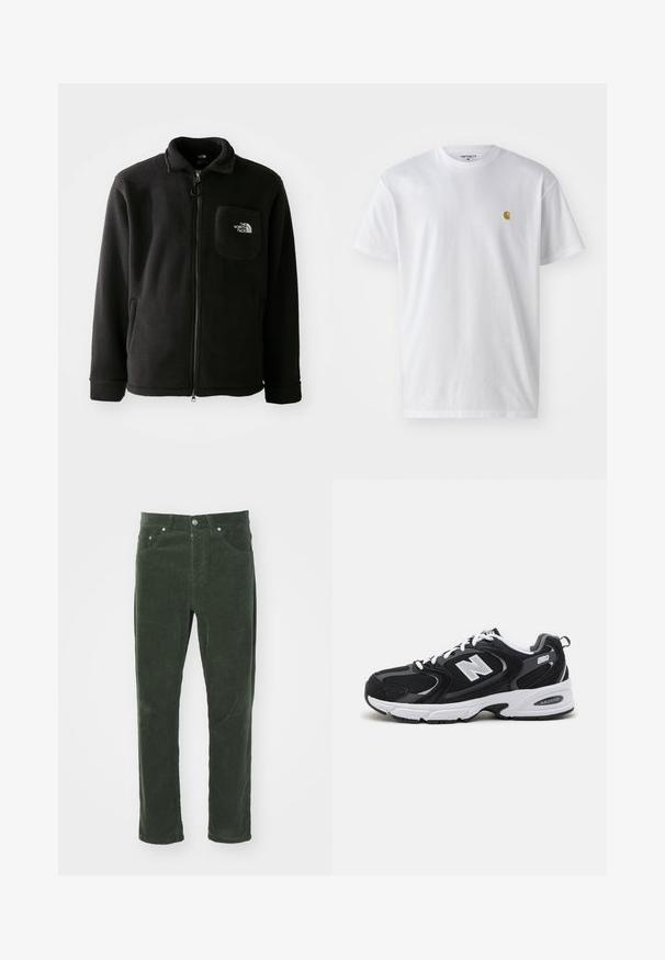 Sort fleecejakke med lynlås foran, høj krave, elastiske manchetter og en brystlomme med logo. Blødt materiale, afslappet design.; Hvid bomulds t-shirt med korte ærmer, rund hals og et lille guld logo på venstre brystområde. Blød tekstur og almindelig pasform.; Grønne fløjlsbukser med lige ben-design, som har fem lommer, metal knaplukning og tekstureret ribbet overflade.; Sorte og grå sportssko med mesh og ruskind på overdelen, der har en hvid mellemsål, snørebånd og et iøjnefaldende "N" logo på siden.