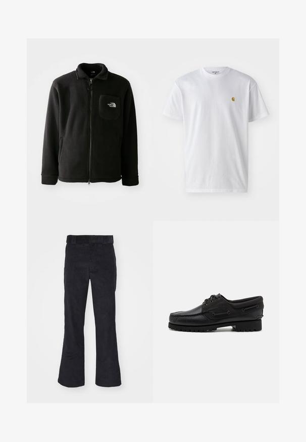 Schwarze Fleecejacke mit Reißverschluss auf der Vorderseite, hohem Kragen, elastischen Bündchen und einer Brusttasche mit Logo. Weiche Textur, lässiges Design.; Weißes Baumwoll-T-Shirt mit kurzen Ärmeln, Rundhalsausschnitt, mit einem kleinen goldenen Logo im linken Brustbereich. Weicher Stoff und normale Passform.; Schwarze Cordhosen mit lockerer Passform, klassischem Bund und weit geschnittenen Beinen, weicher Textur und ohne sichtbare Muster oder Akzente.; Schwarzer Schuh mit einem Obermaterial aus Leder, textilen Akzenten, runden Schnürsenkeln und einer strukturierten Gummisohle. Verfügt über Mokassin-Nähte und eine Markeninschrift.