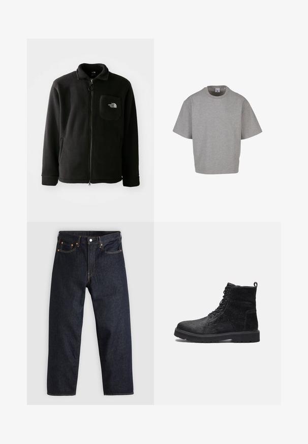 Sort fleecejakke med lynlås foran, høj krave, elastiske manchetter og en brystlomme med logo. Blødt materiale, afslappet design.; Simpel lysegrå, kortærmet oversized bomulds t-shirt med rund hals, vist mod en hvid baggrund.; Mørkeblå denimjeans med lige pasform, fem lommer, kontrasterende orange syning og knaplukning. Ingen synlige mønstre eller udsmykninger.; Sorte ankelstøvler med en struktureret overdel, der har snørebånd foran, en robust gummisål og en trækflap bagpå for nem påtagning.