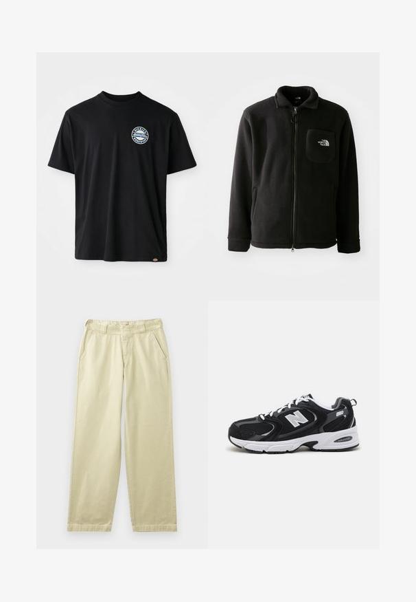 Sort fleecejakke med lynlås foran, høj krave, elastiske manchetter og en brystlomme med logo. Blødt materiale, afslappet design.; Sort bomulds-T-shirt med et rundt logo på brystet. Korte ærmer og rund halsudskæring med lige snit ved kanten.; Beige bomuldsbukser med en afslappet pasform, der har sidelommer, bæltestropper og lige ben. Glat tekstur med minimale syningsdetaljer.; Sorte og grå sportssko med mesh og ruskind på overdelen, der har en hvid mellemsål, snørebånd og et iøjnefaldende "N" logo på siden.