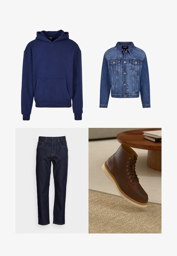 Denimjakke i mellemblå, med sølvfarvet hardware, to brystlommer, knaplukning foran og klassisk krave. Standard pasform med lange ærmer.; Mørkeblå hoodie lavet af blødt stof, med en stor frontlomme, ribbede manchetter og nederkant samt en hætte med snore.; Mørkeblå denimjeans med lige pasform, fem lommer og kontrasterende gul syning. Designet med en klassisk knap- og lynlåslukning.; Brune læderankelstøvle med beige sål på et struktureret beige tæppe ved siden af et rundt træbord med stakke af bøger.