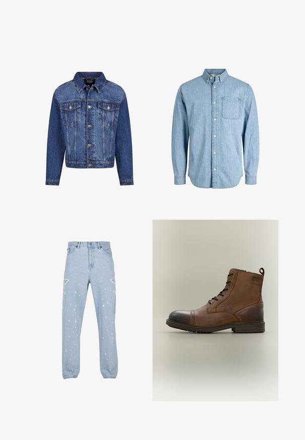 Chaqueta de mezclilla en azul medio, con herrajes plateados, dos bolsillos en el pecho, un cierre frontal de botones y un cuello clásico. Corte estándar con mangas largas.; Camisa de mezclilla azul claro con botones, manga larga, cuello, bolsillo delantero y una textura sutil. Cuenta con botones blancos a lo largo de la tapeta.; Jeans de mezclilla azul claro con un ajuste relajado, que cuentan con recortes en forma de estrella, manchas de pintura y un diseño clásico de cinco bolsillos.; Bota de cuero marrón con cordones hasta el tobillo, puntera negra, suela redonda y detalle de marca en el lateral sobre un fondo liso.