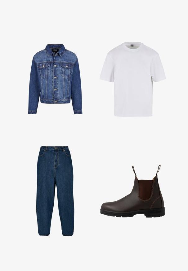 Veste en denim bleu moyen, avec des garnitures en argent, deux poches poitrine, une fermeture à boutons à l'avant, et un col classique. Coupe standard avec des manches longues.; T-shirt blanc à manches courtes en coton. Il présente un col rond et une coupe décontractée. Texture lisse, design minimaliste, sans motifs ni accents.; Jean en denim bleu foncé avec une coupe décontractée, taille haute et poignets élastiques. Il dispose d'une fermeture à bouton à l'avant et de cinq poches.; Botte Chelsea en cuir marron avec panneau latéral élastique, coutures marron, languettes de tirage, et une semelle en caoutchouc durable avec un motif texturé.