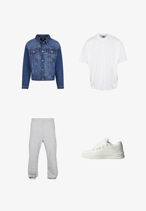 Veste en denim bleu moyen, avec des garnitures en argent, deux poches poitrine, une fermeture à boutons à l'avant, et un col classique. Coupe standard avec des manches longues.; T-shirt en coton blanc avec une coupe décontractée, des manches courtes et un col rond, présentant un ourlet droit et sans graphiques ni motifs visibles.; Pantalon de jogging en coton gris clair avec taille élastique et poignets aux chevilles, présenté à plat sur fond blanc.; Baskets blanches avec un extérieur en cuir lisse, une languette rembourrée, des lacets plats et des accents texturés sur les côtés et le talon.