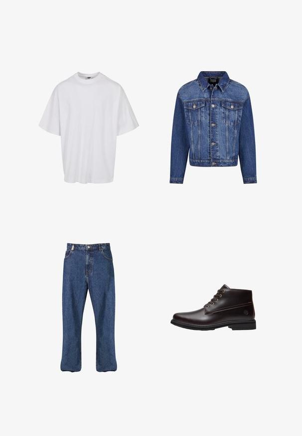 Veste en denim bleu moyen, avec des garnitures en argent, deux poches poitrine, une fermeture à boutons à l'avant, et un col classique. Coupe standard avec des manches longues.; T-shirt en coton blanc avec un col rond et des manches courtes, présentant une coupe ample et des détails de couture subtils.; Jean en denim bleu foncé, présentant une coupe droite, un style classique à cinq poches et des coutures visibles le long des coutures.; Bottine en cuir marron foncé à lacets avec semelle noire et logo discret de la marque sur le côté, présentée de profil sur fond blanc.