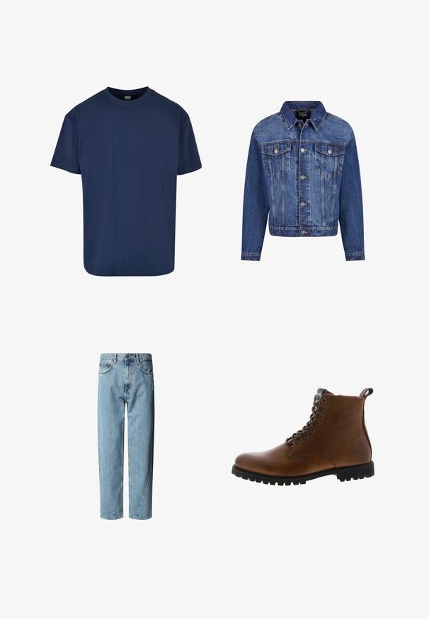 Denimjakke i mellemblå, med sølvfarvet hardware, to brystlommer, knaplukning foran og klassisk krave. Standard pasform med lange ærmer.; Marineblå bomulds T-shirt med rund halsudskæring og korte ærmer. Glat tekstur og afslappet pasform, velegnet til hverdagstøj.; Lyst blå denimjeans med en afslappet pasform, der har høj talje, kontrastsyninger og let slid på fronten.; Brune læder ankelstøvler med tekstureret overflade, metaløjer og sort gummisål. Har en træktab bagpå for nem påtagning.