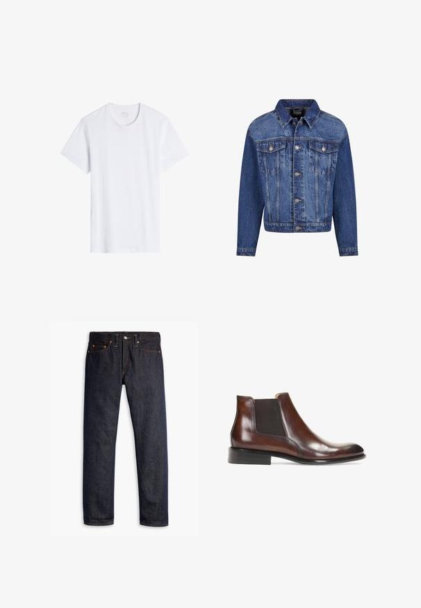 Jeansjacke in Mittelblau, mit silbernen Beschlägen, zwei Brusttaschen, einer durchgehenden Knopfleiste und einem klassischen Kragen. Standardpassform mit langen Ärmeln.; Weißes T-Shirt mit kurzen Ärmeln und rundem Halsausschnitt. Hergestellt aus glattem Baumwollgewebe, bietet es eine lockere Passform und minimale Nähte.; Dunkelblaue Jeans aus Denim mit geradem Schnitt, fünf Taschen-Design, kupfernen Nieten, gelben Nähten und einem ausgeprägten strukturierten Stoff.; Braune Leder-Stiefelette mit elastischen Seiteneinsätzen, glatter Oberfläche, genähten Details und einem niedrigen rechteckigen Absatz.