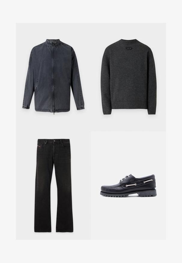Chaqueta casual negra de material vaquero, con cuello alto, cierre de cremallera en la parte delantera y puños elásticos. Incluye bolsillos laterales y un corte relajado.; Suéter gris oscuro hecho de tela de punto suave, con cuello redondo y puños y dobladillo acanalados. Incluye un pequeño detalle de logo en la parte trasera.; Pantalones vaqueros de mezclilla negra de pierna recta con cinco bolsillos y cierre de botón, que muestran un ligero desvanecimiento en los muslos y las rodillas.; Zapato náutico de cuero negro con costuras, suela de goma antideslizante y ojales metálicos con cordones blancos. Logo destacado en el lateral.