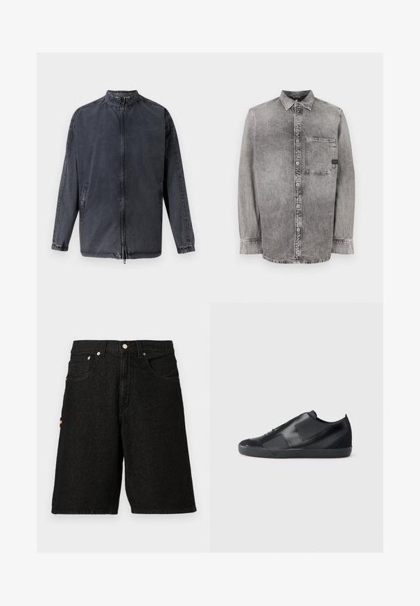Schwarze lässige Jacke aus Denim-Material, mit Stehkragen, Reißverschluss vorne und elastischen Bündchen. Mit seitlichen Taschen und lässiger Passform.; Graues Denim-Hemd mit Knopfleiste, langen Ärmeln, mittlerem Stoffgewicht, einer Brusttasche, abgedunkeltem Finish mit kontrastierenden Knöpfen, klassischem Kragen.; Schwarze Denim-Shorts mit einem klassischen Fünf-Taschen-Design, silbernem Metallzubehör und einem dezenten orangen Akzent an der Seitentasche.; Schwarze Sneaker mit schlankem Design, aus glattem Leder und Wildlederakzenten. Verfügt über kantige Paneele und eine abgerundete Zehenpartie. Gummisohle.