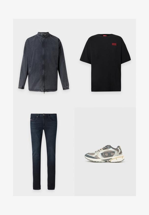 Schwarze lässige Jacke aus Denim-Material, mit Stehkragen, Reißverschluss vorne und elastischen Bündchen. Mit seitlichen Taschen und lässiger Passform.; Schwarzes T-Shirt aus Baumwolle, mit kurzen Ärmeln, rundem Ausschnitt und einem roten "DIESEL"-Logo auf der linken Brustseite.; Dunkelblaue Slim-Fit-Jeans mit leichtem Verblassen an den Oberschenkeln, Fronttaschen, Gürtelschlaufen und Knopfverschluss an der Taille.; Sportschuhe in Grau, Weiß und Beige mit Mesh-Obermaterial, dicker Sohle und strukturierten Akzenten. Reflektierende Details an den Seiten.