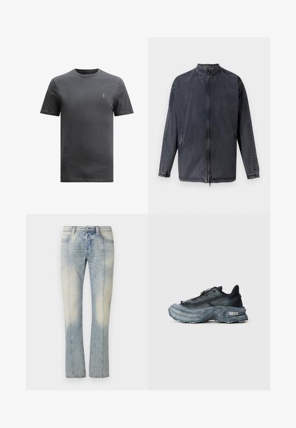 Zwarte casual jas van denim materiaal, met een staande kraag, ritssluiting aan de voorkant en elastische manchetten. Inclusief zijzakken en een relaxte pasvorm.; AllSaints BRACE CREW - T-shirt basic - CARTER GREY; Lichtblauwe denim jeans met een rechte pijp, voorzien van dubbele stiksels, voorzakken en een verweerde afwerking. Geen zichtbare merkaanduiding.; Zwarte en grijze Diesel sneakers met dikke zool, vetersluiting en gestructureerd ontwerp op een effen lichtgrijze achtergrond.