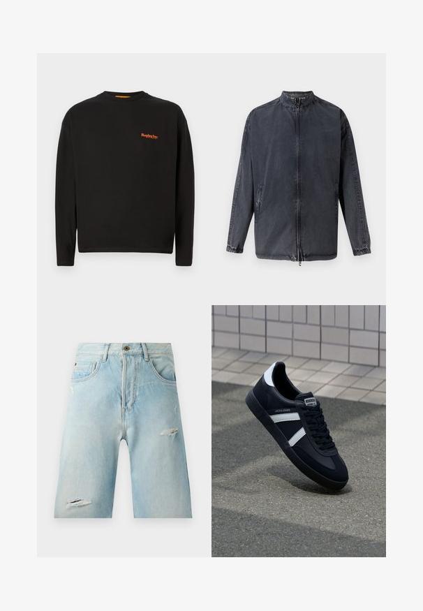 Chaqueta casual negra de material vaquero, con cuello alto, cierre de cremallera en la parte delantera y puños elásticos. Incluye bolsillos laterales y un corte relajado.; Camiseta negra de manga larga hecha de algodón, con un pequeño logo naranja de "Replay Inc." en el pecho, cuello redondo y ajuste estándar.; Pantalones cortos de mezclilla azul claro con un corte relajado, que presentan detalles desgastados, bolsillos laterales y un solo cierre con botón en la parte superior.; Zapatilla de cuero negra con rayas blancas, suela de goma texturizada y parte frontal con cordones. Cuenta con una etiqueta de marca en la lengüeta.