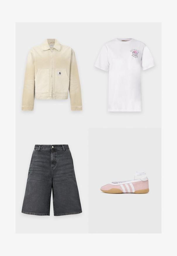 Beige denimjakke med lynlås foran, spidset krave, to forlommer og et lille logopatch på venstre lomme. Tekstureret stof.; Hvid t-shirt med korte ærmer med lille pink og sort grafik af en stykke gelato-kage og teksten "Ellesse Gelato" på venstre bryst.; Sorte højtaljede denimshorts med knap- og lynlås lukning, bæltestropper og en afslappet, vid benpasform.; adidas Originals TAEKWONDO MEI BALLET - Sneakers - clear pink/ftwr white/gum