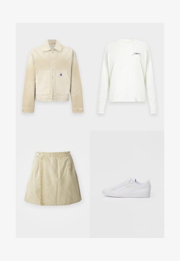 Beige Denimjacke mit Reißverschluss vorne, spitzem Kragen, zwei Fronttaschen und einem kleinen Logopatch auf der linken Tasche. Strukturierter Stoff.; Langärmeliges, weißes Baumwoll-T-Shirt mit einem grafischen Schriftzug "OBEY" und kleinen Sternakzenten auf der linken Brustvorderseite.; Khakifarbener Minirock aus weichem Stoff, mit seitlichem Knopfverschluss, glatter Textur und leicht ausgestellter Silhouette mit einem Saum oberhalb des Knies.; Weiße low-top Puma Sneaker mit Schnürung, dezentem Branding an der Seite und Sohle sowie glattem synthetischen Obermaterial für den lässigen Gebrauch.
