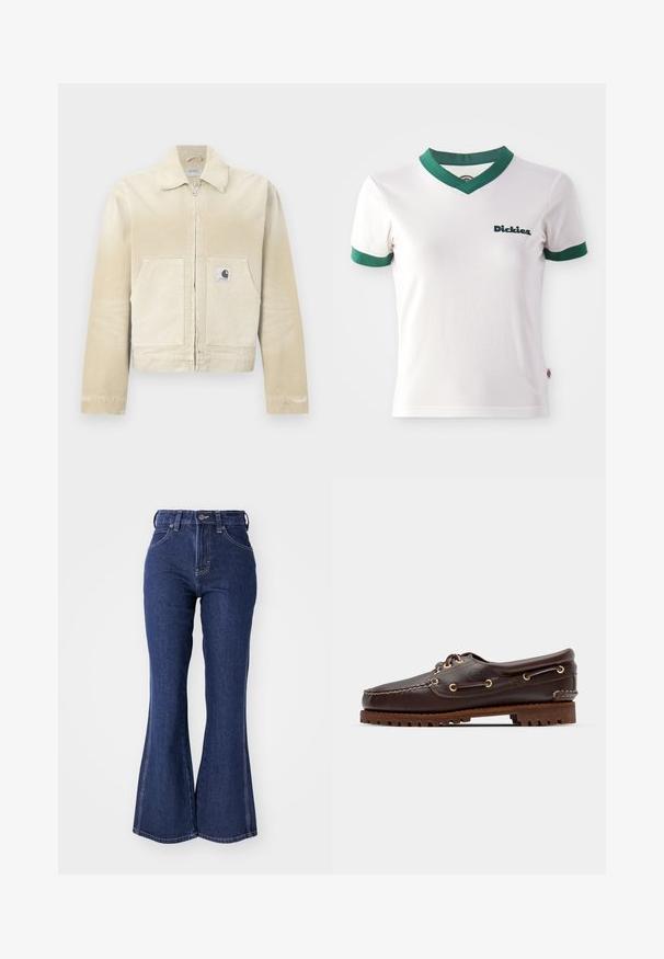 Veste en denim beige avec une fermeture éclair à l'avant, un col pointu, deux poches avant et un petit patch logo sur la poche gauche. Tissu texturé.; T-shirt blanc à manches courtes avec un col en V vert et des bordures de manches vertes ; présente le logo "Dickies" en vert foncé sur le côté gauche de la poitrine. Texture de coton lisse.; Jean évasé bleu foncé en denim, avec une taille haute, fermeture à bouton sur le devant et coutures blanches contrastantes le long des coutures.; Bateau en cuir marron avec des œillets dorés, des lacets ronds et une semelle en caoutchouc marron texturée. Présente des détails de couture et un logo en relief.