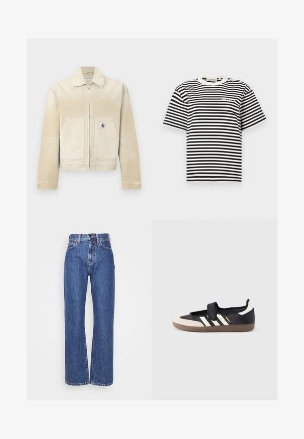Beige Denimjacke mit Reißverschluss vorne, spitzem Kragen, zwei Fronttaschen und einem kleinen Logopatch auf der linken Tasche. Strukturierter Stoff.; Schwarz-weiß gestreiftes T-Shirt mit kurzen Ärmeln, weißem Rundhalsausschnitt und kleinem Logo auf der Brust.; Blaue Denim-Jeans mit weitem Bein, hoher Taille, Kontrastnähten und klassischem Fünf-Taschen-Design. Strukturierter Stoff mit glatter Oberfläche.; Schwarzer und beiger Sneaker mit Klettverschluss, drei weißen Streifen an der Seite und einer strukturierten braunen Gummisohle. Markenlogo sichtbar.