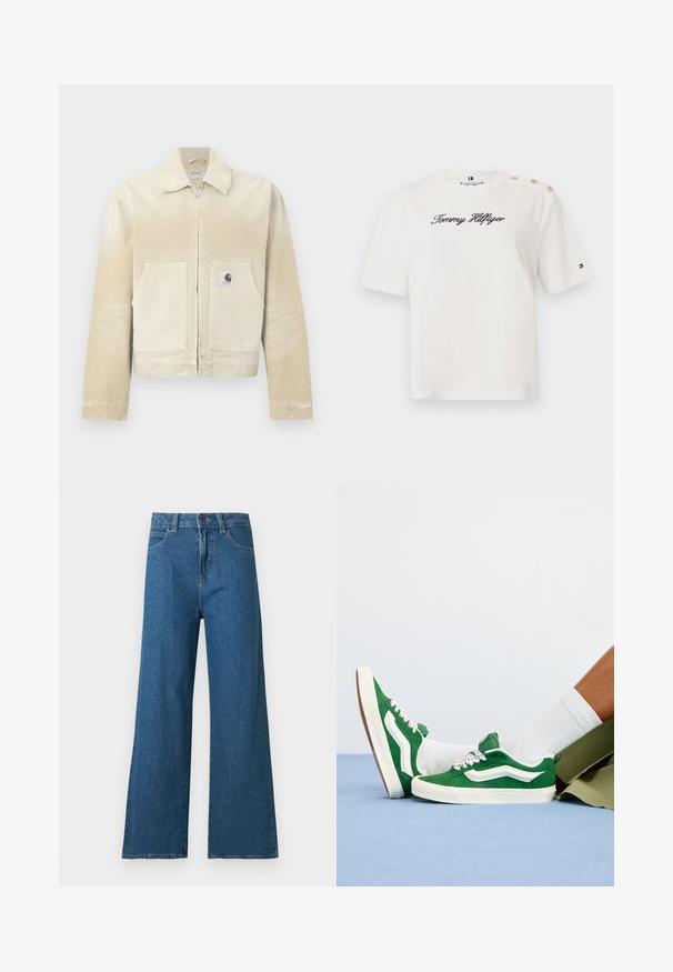 Veste en denim beige avec une fermeture éclair à l'avant, un col pointu, deux poches avant et un petit patch logo sur la poche gauche. Tissu texturé.; T-shirt en coton blanc à manches courtes, avec un logo noir "Tommy Hilfiger" en script et trois accents de boutons dorés sur l'épaule gauche.; Jean denim bleu à jambes larges avec fermeture avant à boutons et zip, et design classique à cinq poches sur fond blanc.; Baskets en daim vert avec des accents blancs, lacets texturés avec des détails roses et une semelle en caoutchouc beige, portées avec des chaussettes blanches et un short vert.