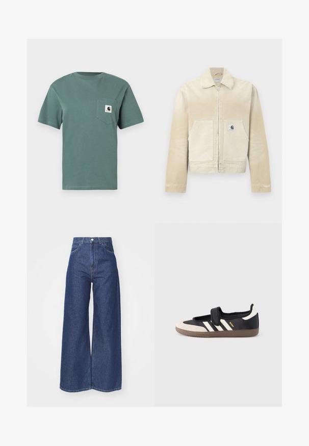 Μπεζ μπουφάν denim με φερμουάρ μπροστά, μυτερό γιακά, δύο τσέπες μπροστά και ένα μικρό λογότυπο στο αριστερό τσεπάκι. Υφασμάτινη υφή.; Πράσινη, κοντομάνικη μπλούζα φτιαγμένη από βαμβάκι, με τσέπη στο αριστερό στήθος που διαθέτει λογότυπο. Απλός, κλασικός σχεδιασμός χωρίς σχέδια.; Φαρδιές τζιν παντελόνες από σκούρο μπλε τζιν. Υψηλή μέση με φερμουάρ και κουμπί. Διαθέτει κλασικό σχέδιο με πέντε τσέπες και ραμμένες άκρες.; Μαύρο και μπεζ αθλητικό παπούτσι με λουράκι βέλκρο, τρεις λευκές ρίγες στο πλάι και υφασμένη καφέ πατούσα από καουτσούκ. Ορατό το λογότυπο της μάρκας.