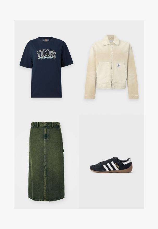 Μπεζ μπουφάν denim με φερμουάρ μπροστά, μυτερό γιακά, δύο τσέπες μπροστά και ένα μικρό λογότυπο στο αριστερό τσεπάκι. Υφασμάτινη υφή.; Μπλε ναυτικό βαμβακερό μπλουζάκι με χαλαρή εφαρμογή. Διαθέτει γραφικό σχέδιο με την ένδειξη "TIMBS Authentic" σε αντίθετους χρωματισμούς. Βραχίονες κοντοί, με γύρο λαιμό.; Πράσινη τζιν φούστα σε μεσαίο μήκος, με μπροστινή σχισμή, κλείσιμο με κουμπί και θηλιές για ζώνη. Η υφή της είναι ελαφρώς ξεθωριασμένη, με πλάγιες τσέπες.; Μαύρο σουέντ αθλητικό παπούτσι με τρεις λευκές ρίγες, σόλα από καουτσούκ και ένα μικρό χρυσό λογότυπο στο πλάι. Διαθέτει μαλακή μαύρη εσωτερική επένδυση.