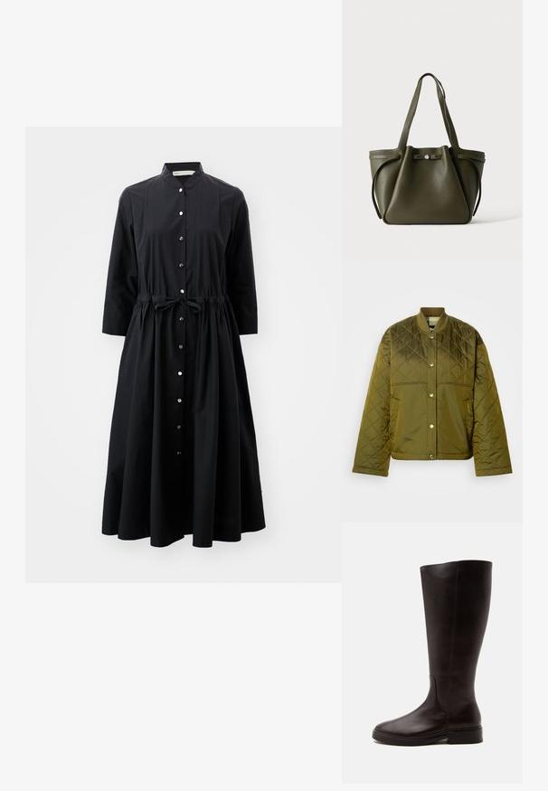 Olivgrüne wattierte Bomberjacke mit geripptem Kragen, Druckknopfleiste und strukturierter Stoffqualität. Verfügt über ein sauberes, minimalistisches Design.; Schwarzes Langarmkleid aus Baumwolle mit durchgehender Knopfleiste, tailliertem Bund mit Gürtel und ausgestelltem Rock.; Dunkelbrauner kniehoher Lederstiefel mit niedrigem Absatz und abgerundeter Spitze, seitlich auf hellem einfarbigem Hintergrund dargestellt.; Olivgrüne Ledertasche mit zwei Schulterriemen und einem vorderen Knopfverschluss vor einfarbigem Hintergrund.