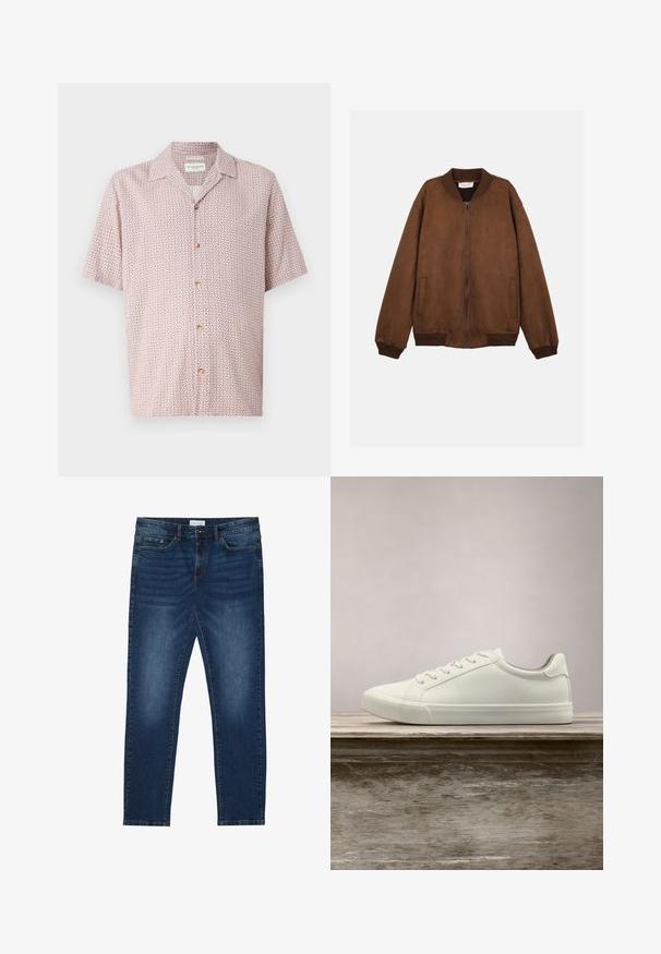 Chaqueta bomber de ante marrón con cuello, puños y dobladillo acanalados, cierre frontal con cremallera y dos bolsillos laterales.; Camisa de manga corta en rosa claro con un estampado floral geométrico. Cuenta con un cierre de botones en la parte delantera y un cuello clásico. Fabricada en un tejido suave.; Vaqueros ajustados de color azul oscuro con detalles desgastados, diseño clásico de cinco bolsillos, cierre de botón y presillas para cinturón.; Zapatilla blanca con cordones flotando sobre un banco de madera con follaje verde al fondo, mostrando el diseño y la textura del zapato.