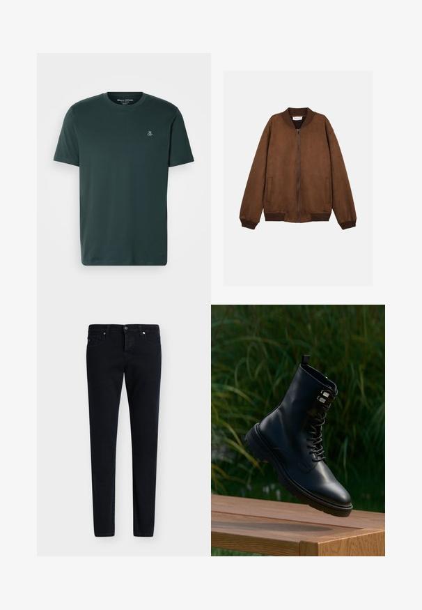 Braune Wildleder-Bomberjacke mit geripptem Kragen, Bündchen und Saum, Frontreißverschluss und zwei Seitentaschen.; Dunkelgrünes T-Shirt aus weichem Stoff, mit Rundhalsausschnitt und kurzen Ärmeln. Besticktes Logo auf der linken Brust.; Schwarze Slim-Fit-Denim-Jeans mit Knopf- und Reißverschluss vorne, Gürtelschlaufen sowie Vorder- und Hintertaschen auf hellem Hintergrund.; Schwarzer Leder-Stiefel bis zum Knöchel mit rundem Zehenbereich, Schnürdesign, metallischen Ösen und strukturierter Sohle, vor grünem Hintergrund aufgehängt.