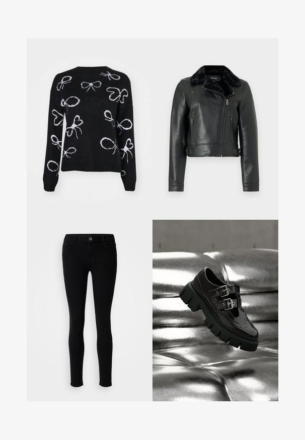 Veste de moto en cuir noir avec un col en fausse fourrure, fermeture éclair asymétrique et deux poches zippées à l'avant. Design court avec des manches ajustées.; ONLY ONLLOUI BOW - Pullover - black/cloud dancer; Pieces PCPEGGY - Jeans Skinny - black; Chaussure noire à semelle épaisse avec double boucle argentée flottant au-dessus d'une surface matelassée argentée métallique brillante.