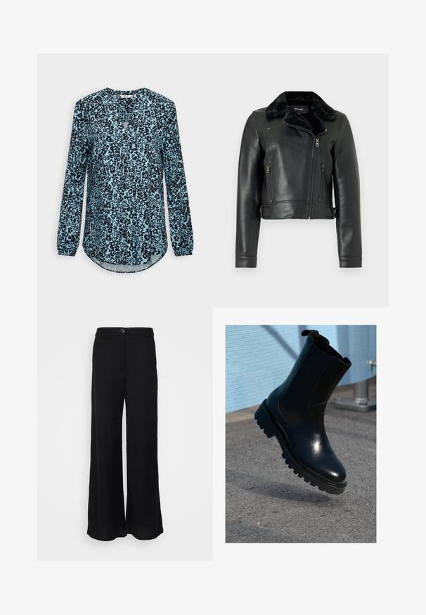 Sort læder motorcykeljakke med faux fur-krave, asymmetrisk lynlås og to forreste lynlåslommer. Krop kort design med tætsiddende ærmer.; Blå bluse med lange ærmer med sort blomsterprint, V-hals og knapper foran.; Sorte bukser med bred ben, lavet af letvægtsstof, der har en glat tekstur, frontknaplukning og sidelommer.; Sort ankelstøvle i læder med elastiske sidepaneler, rund tå og en tyk, tekstureret sål. Glat finish med et minimalistisk design.