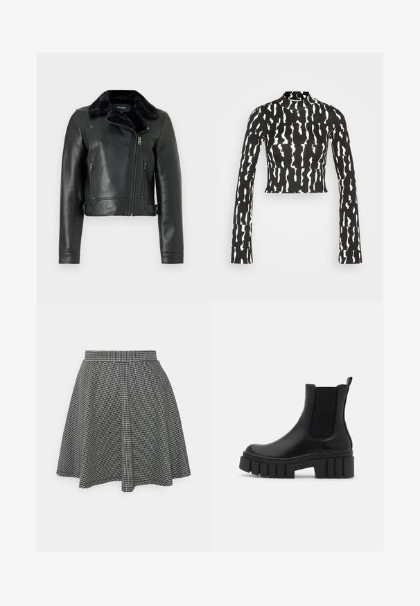 Chaqueta de motociclista de piel negra con cuello de piel sintética, cremallera asimétrica y dos bolsillos delanteros con cremallera. Diseño corto con mangas ajustadas.; Monki Camiseta de manga larga - black; Falda de patinadora a cuadros en blanco y negro con cintura ajustada y dobladillo acampanado, hecha de una tela texturizada que muestra un patrón clásico.; Bota Chelsea de cuero negro con suela plataforma gruesa y estriada y paneles laterales elásticos, mostrada sobre un fondo claro y liso.