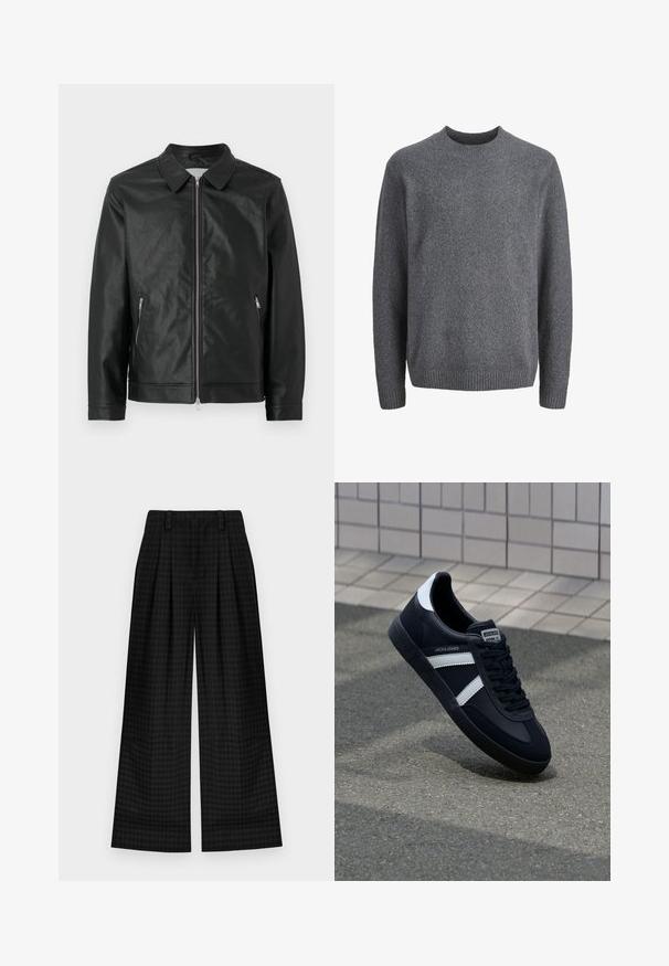 Chaqueta de cuero negra con cuello a presión, cremallera frontal y dos bolsillos laterales con cremallera. El acabado texturizado y el diseño estructurado completan el look.; Suéter de lana gris oscuro con cuello redondo, mangas largas y puños, cuello y dobladillo acanalados.; Pantalones de pierna ancha a cuadros negros con pliegues, que presentan una textura suave y un diseño clásico. Tejido ligero para mayor confort.; Zapatilla de cuero negra con rayas blancas, suela de goma texturizada y parte frontal con cordones. Cuenta con una etiqueta de marca en la lengüeta.
