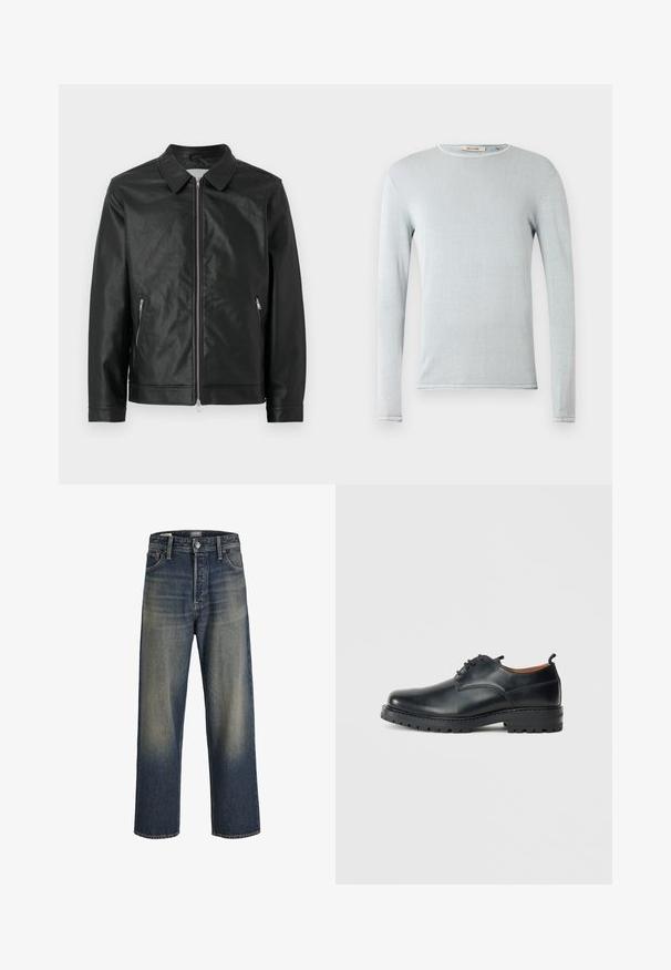 Zwarte leren jas met een drukknop-kraag, voorrits en twee zijzakken met rits. Textuurafwerking en gestructureerd ontwerp maken de look compleet.; Lichtblauw shirt met lange mouwen gemaakt van zachte stof. Heeft een ronde halslijn en afgewerkte randen. Gladde textuur met minimale ontwerpdetails.; Wijde jeans in donkerblauwe denim met een gradientafwerking, voorzien van een knoopsluiting, vijf zakken en gestructureerde stikdetails.; Zwarte leren derby schoenen met een gladde textuur, ronde neus, vetersluiting en een dikke, robuuste rubberen zool.