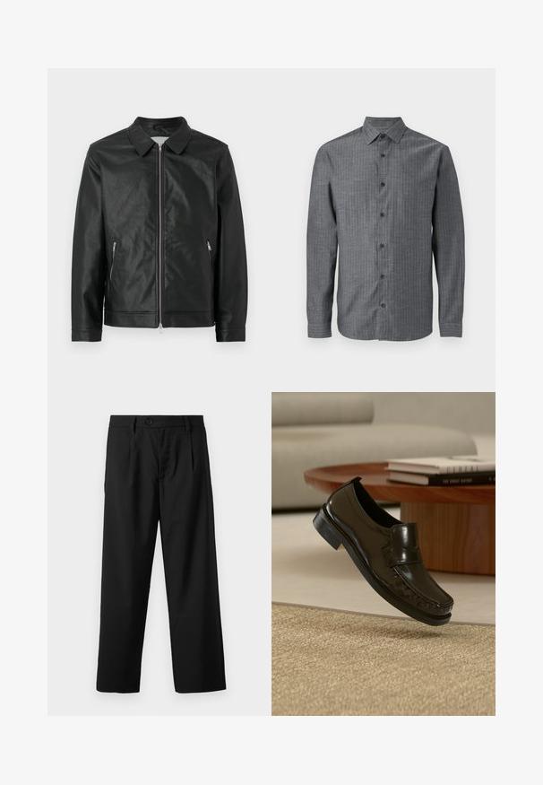 Veste en cuir noir avec col à bouton-pression, fermeture éclair à l'avant et deux poches zippées sur les côtés. Fini texturé et design structuré complètent le look.; Chemise boutonnée grise en tissu texturé, avec un col, des manches longues et une fermeture à boutons sur le devant avec des boutons foncés.; Pantalons noirs à coupe droite, avec une fermeture à un bouton, deux poches avant et une texture de tissu lisse et léger.; Mocassin en cuir noir à enfiler flottant au-dessus d'un tapis beige tissé avec une table basse en bois et des livres en arrière-plan.