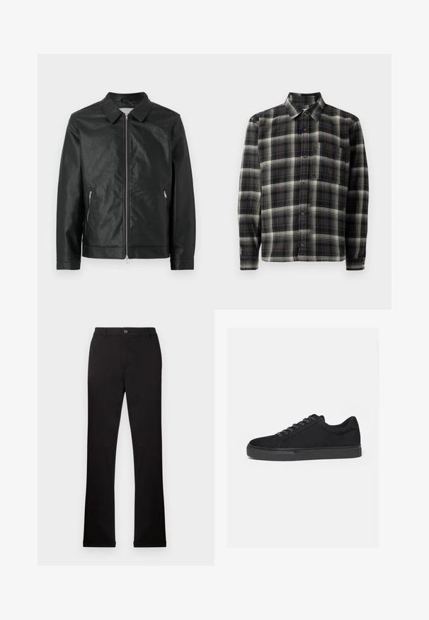 Veste en cuir noir avec col à bouton-pression, fermeture éclair à l'avant et deux poches zippées sur les côtés. Fini texturé et design structuré complètent le look.; Chemise à carreaux noir et blanc avec col, manches longues, fermeture à boutons sur le devant et poche poitrine gauche. Fabriquée dans un tissu doux et texturé.; Pantalons en coton noir avec des jambes droites, une fermeture à bouton et fermeture éclair, et des poches latérales. Texture lisse, sans motifs ni accents visibles.; Baskets basses noires avec fermeture à lacets à l'avant et semelle en caoutchouc plate, vues de profil sur fond blanc.