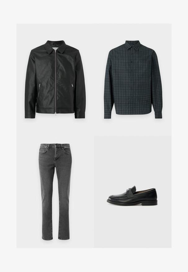 Chaqueta de cuero negra con cuello a presión, cremallera frontal y dos bolsillos laterales con cremallera. El acabado texturizado y el diseño estructurado completan el look.; Camisa de manga larga a cuadros en verde oscuro y azul marino, con cierre de botones en el frente, cuello y un solo bolsillo en el pecho. Tela de textura suave.; Jeans de mezclilla de pierna recta en color negro, con bolsillos delanteros y traseros, cremallera y cierre de botón, sobre un fondo blanco liso.; Mocasines de cuero negro con un acabado suave, que presentan una banda superior texturizada, tacón bajo y detalles de costura mínimos.