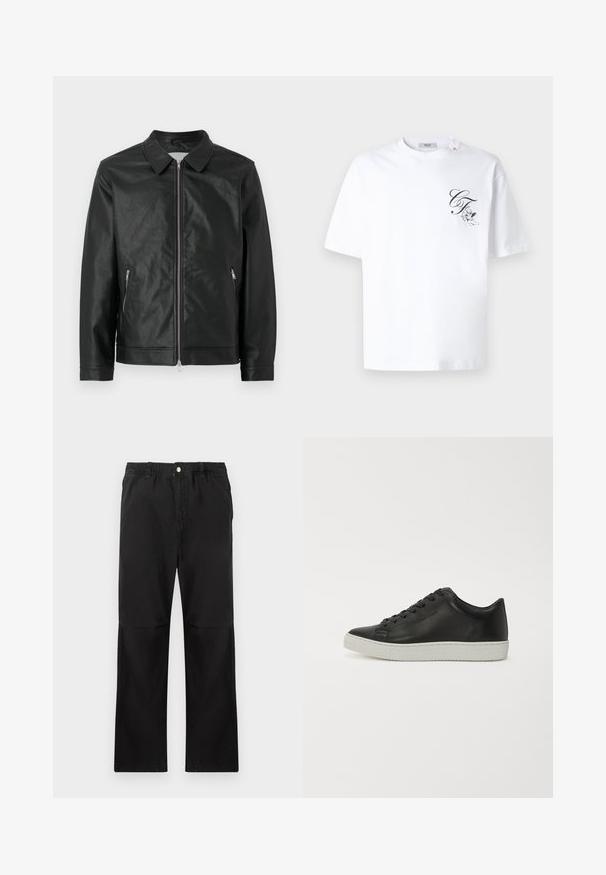 Zwarte leren jas met een drukknop-kraag, voorrits en twee zijzakken met rits. Textuurafwerking en gestructureerd ontwerp maken de look compleet.; Wit T-shirt met korte mouwen met kleine zwarte cursieve letters "CF" en een putto met een boog, bedrukt op de linkerborst.; Zwarte katoenen broek met een elastische tailleband, voorzien van een recht model, een gladde textuur en zonder zichtbare accenten of patronen.; Zwarte leren sneakers met een ronde neus, een platte witte rubberen zool en een vetersluiting met zes oogjes. Gladde textuur, minimalistische stijl.